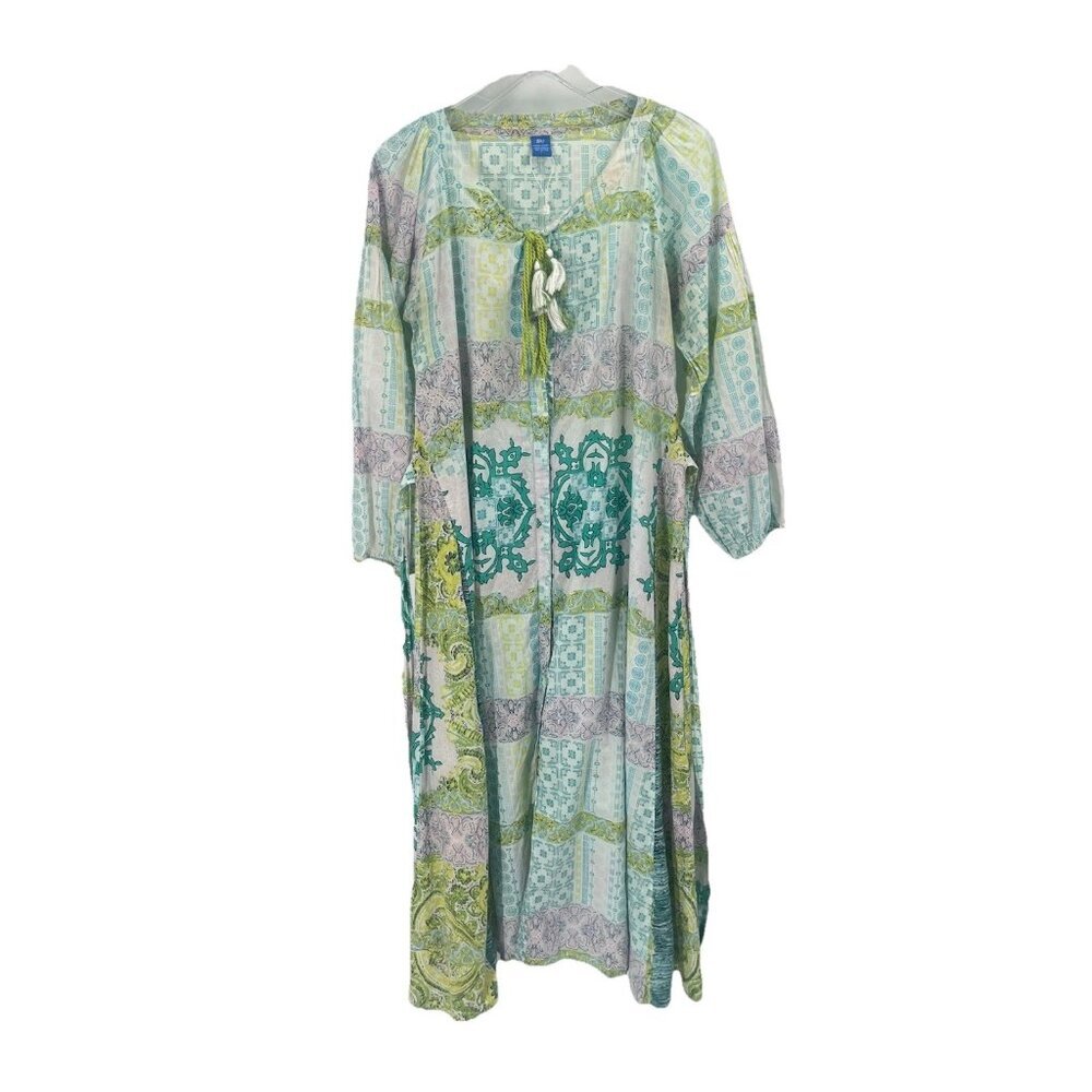 Raj Maxi Dress Button Down Tassel Made in India Green Boho Festival Sz L Cottton